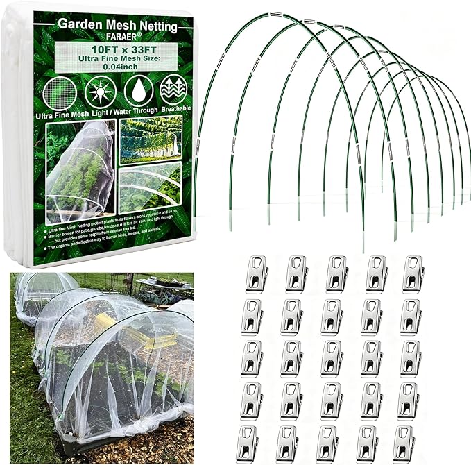 Garden Netting Kit for Raised Beds,10x33ft Ultra Fine Insect Netting Garden Bed Covers & 6 Sets of 8ft Fiberglass Garden Hoops (8 Sets Garden Hoops with White10x33ft Garden Netting)