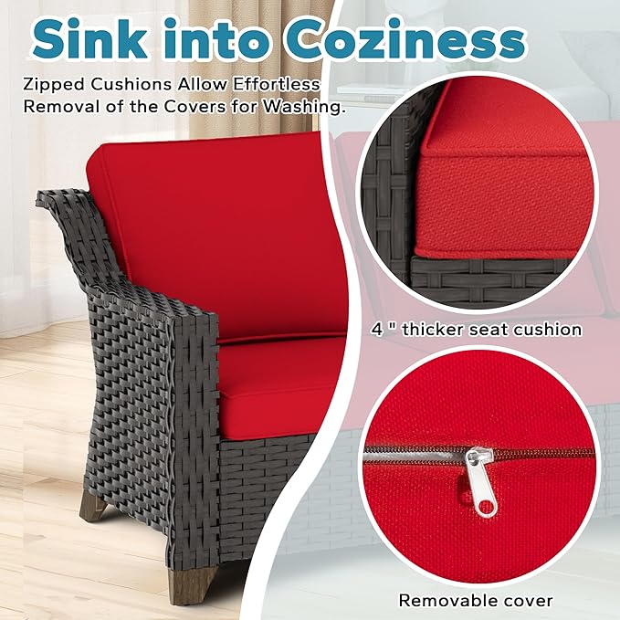 7 Pieces Outdoor Conversation Furniture Set - 77" Patio Sofa, 2 Armchairs, 2 Swivel Glider Chairs, 1 Side Table, 1 Metal Table, Patio Wicker Couch with Washable Cushions for Porch (Red)