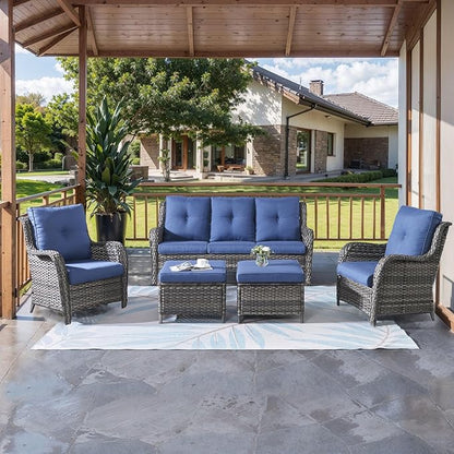 HUMMUH Outdoor Wicker Patio Chairs Set of 2 PE Rattan Patio Seating Chairs High Back Curved Armrest Porch Chairs with 4 inch Seat Cushions