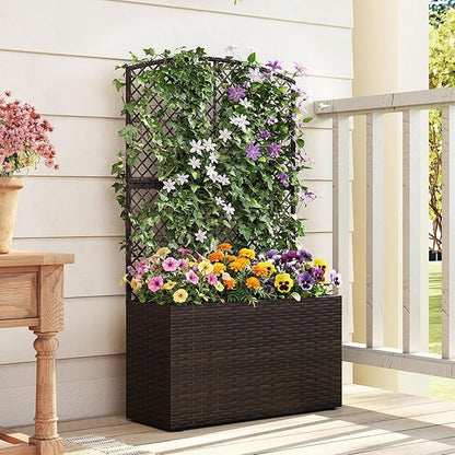 Giantex Raised Garden Bed with Trellis, 49'' Tall PE Rattan Planter Box w/Liner & Drainage, Metal Frame Privacy Screen for Vertical Climbing Plants, Vegetables & Flowers, Patio Balcony Gardening