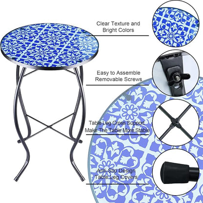 Arbuxzuy 2PCS 12 Inch Small Outdoor Side Table with Blue-White Mosaic, Glass Mosaic Patio Table Indoor, Round Plant Coffee Table for Living Room, Balcony, Garden