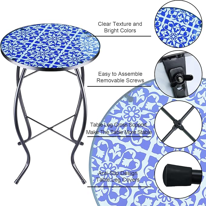 Arbuxzuy 12 Inch Small Outdoor Side Table with Blue-White Mosaic, Glass Mosaic Patio Table Indoor, Round Plant Coffee Table for Living Room, Balcony, Garden
