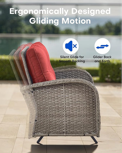 6 Pieces Patio Wicker Furniture Set-Outdoor Swivel Chairs Set of 2 Outdoor Glider Love seat with Outdoor Footstool Patio Furniture for Deck Porch Garden Balcony Poolside-Grey/Red