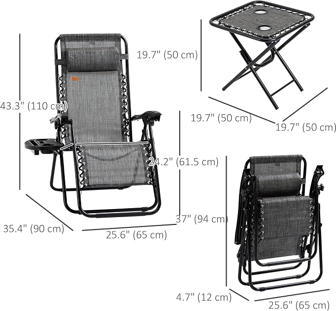 Outsunny Zero Gravity Chair Set with Side Table, Folding Reclining Chair with Cupholders & Pillows, Adjustable Lounge Chairs for Pool, Backyard, Lawn, Beach, Gray