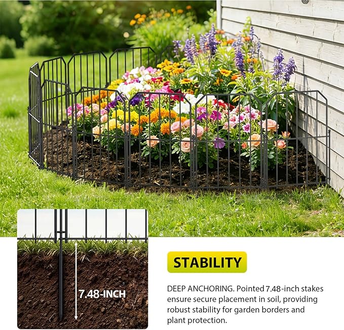 VANCASTLE Decorative Garden Fence, Toatal 25FT(L) x 24IN(H) Outdoor Metal No Dig Fence Animal Barrier, Rustproof No-Tool Assembly Landscape Edging for Yard, Lawn, Patio, Flower Bed-25 Panels Design A
