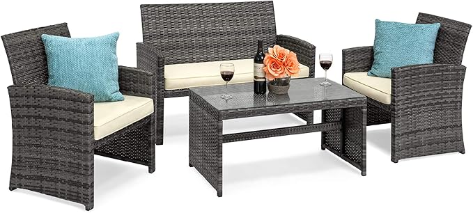 Best Choice Products 4-Piece Outdoor Wicker Patio Conversation Furniture Set for Backyard w/Coffee Table, Seat Cushions - Gray/Cream
