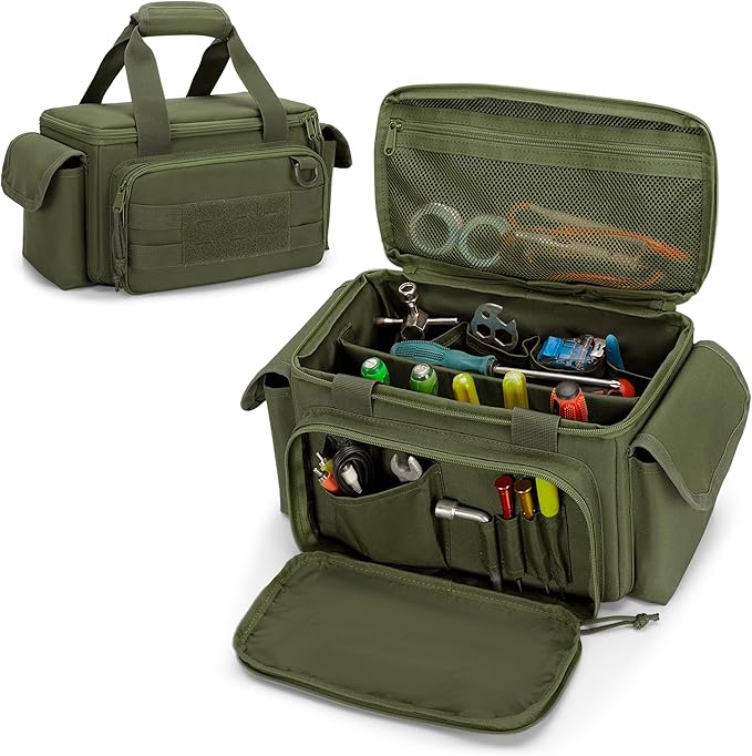 Rexmica Small Tool Bag with Anti-friction and Thick Padded Bottom, Tool Storage Organizer for Men, Tactical Range Bag, Multi-functional Work Bag for Repairman, Electrician, Carpenters (Green)