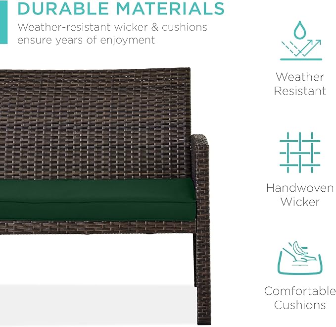 Best Choice Products 4-Piece Outdoor Wicker Patio Conversation Furniture Set for Backyard w/Coffee Table, Seat Cushions - Brown/Midnight Green