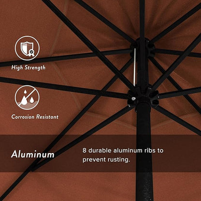 California Umbrella 9' Rd Aluminum Patio Umbrella, Crank Lift, Auto Tilt, Black Finish, Sunbrella Melon