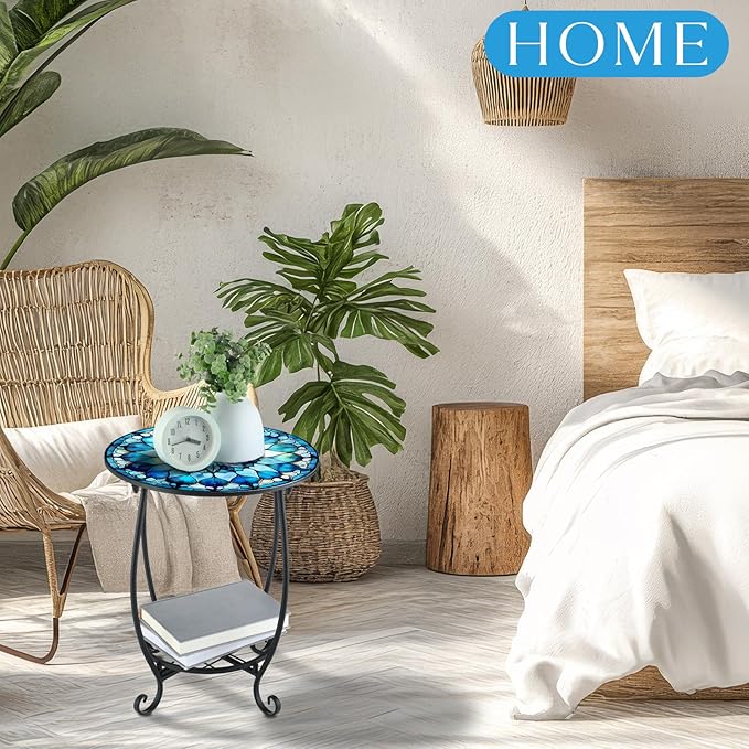 Cinnvoice Outdoor Side Table Round Small Mosaic Patio Accent Indoor End Plant Coffee Tea Table for Yard Patio Porch Garden Living Room, Bedroom(Mandala Flower Style,14 Inch)