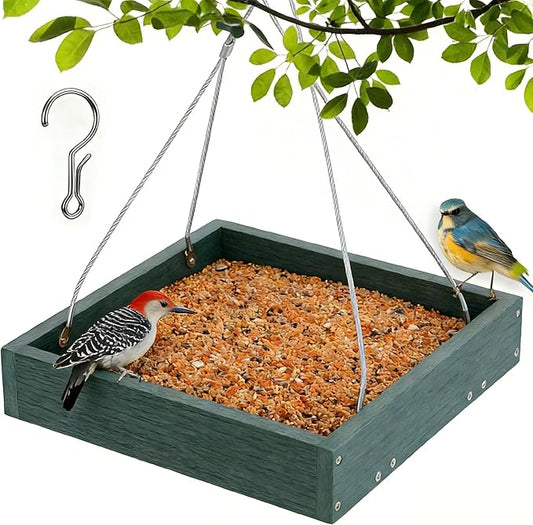 Gtongoko WPC Composite Platform Bird Feeder Hanging, Large 3.5 lbs Capacity, Durable, Seed Tray Bird Feeder for Outdoors with Metal Mesh Bottom Weather-Resistant for Garden Yard, Green