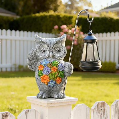 Solar Owl Garden Statue with Succulent Decor & Hanging Lantern – Outdoor Resin Decor for Patio, Yard, Balcony – Unique Gift for Women, Gardeners