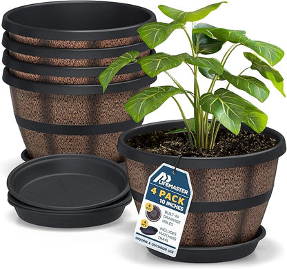 10-Inch Whiskey Barrel Planters Outdoor Pack of 4, Plastic Decoration Plant Pots for Indoor & Outdoor Use with Drainage & Saucer, Rustic Garden Planters for Flowers, Small Plants & Herbs
