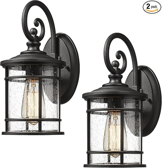 Emliviar Modern Porch Lights 2 Pack - Outdoor Wall Light Fixtures Wall Mount for Garage, Black Finish with Seeded Glass Shade, XE229B-S-2PK BK