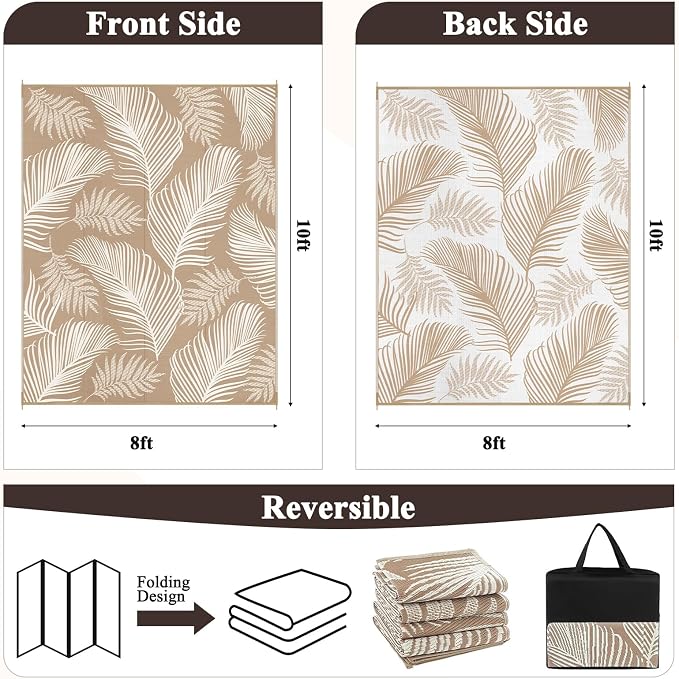 Pauwer Waterproof Outdoor Rug 8x10, Reversible Plastic Straw Patio Camping Rug, Indoor Outdoor RV Mat Carpet for Deck, Camper, Porch, Balcony, Backyard, Picnic, Leaf Brown