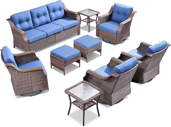 Wicker Patio Furniture Set-9 Piece High Back Outdoor Furniture Set Sectional Sofa with Wicker Swivel Rocker Patio Chairs,Thick Cushions Ottomans for Porch Balcony Patio Deck Brown/Blue