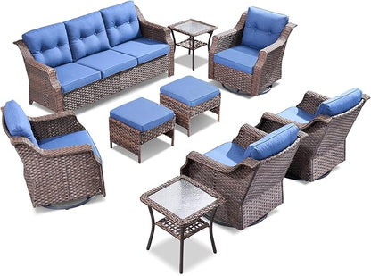 Wicker Patio Furniture Set-9 Piece High Back Outdoor Furniture Set Sectional Sofa with Wicker Swivel Rocker Patio Chairs,Thick Cushions Ottomans for Porch Balcony Patio Deck Brown/Blue