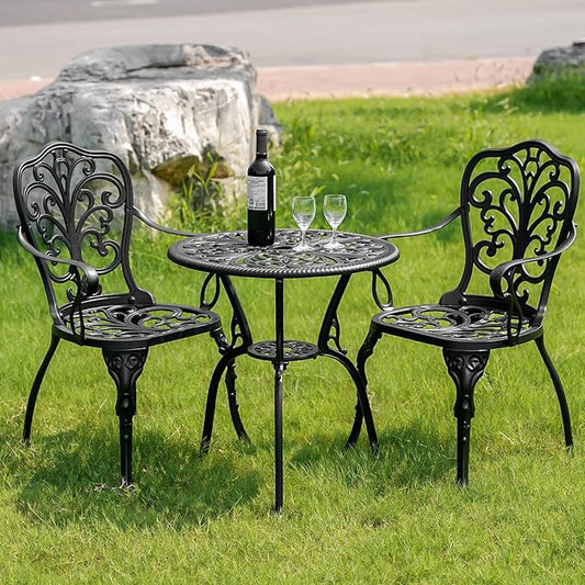 3 Piece Outdoor Bistro Set, Rustproof Outdoor Patio Furniture, Cast Aluminum Bistro Table Set with Umbrella Hole for Backyard, Balcony, Front Porch, Lawn, Pool (Black)
