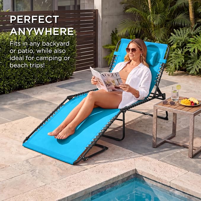 Best Choice Products Extra Wide Patio Chaise Lounge Chair, Portable Outdoor Folding Recliner for Lawn, w/ 8 Positions, Handles, 440lb Capacity - Light Blue