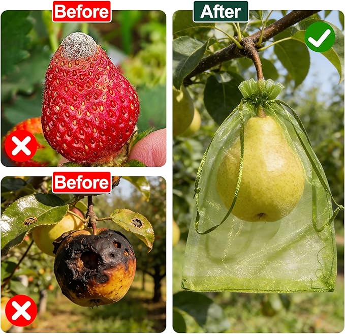 100Pcs Fruit Protection Bags, Green Drawstring Mesh Netting Covers, 3.9X5.9Inch Pest Barrier for Strawberry, Tomato, Blueberry & Small Fruits Vegetables Garden
