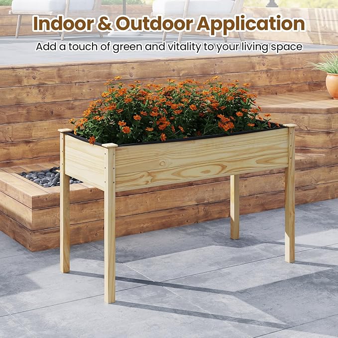 S AFSTAR Wooden Raised Garden Bed with Legs, Planter Box with Liner & Drainage Holes for Vegetable Flower Herb, Indoor Outdoor Elevated Gardening Box for Backyard Patio Balcony
