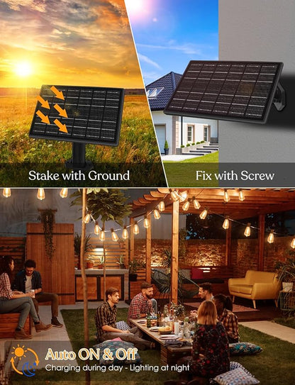 GHUSTAR 150ft Solar Outdoor String Lights with Remote - USB Rechargeable Solar Powered Outdoor Patio Lights - Timer, Dimmable Shatterproof ST38 Bulbs for Backyard, Garden, Pool