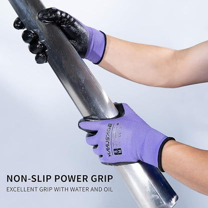 Safety Work Gloves Nitrile For Men and Women, with Touchscreen Fingers, Men's Work Gloves with Grip, Mechanics Gloves (Size XXL, Purple, 6-pairs)