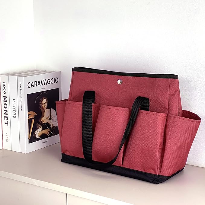 Garden Tool Bag with Interior Exterior Side Pockets, Gardening Tote Bag for Garden Plant Tool Set Store Content Bag, 8 Storage Pockets (Red)