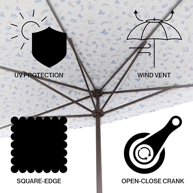 JONATHAN Y Half Umbrella UMB1200F Sidney 9 ft. Classic MidCentury Rectangular Market Patio with Crank, Wind Vent and UV Protection in Blue/White/Cream