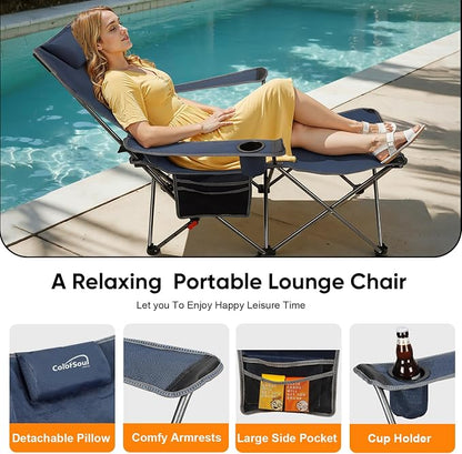 Colorsoul Reclining Camping Chair w/Foot Rest, Adjustable 90°- 135° Lounge Beach Chair for Adults, Heavy Duty Outdoor Folding Chairs w/Padded Pillow, Cup Holder, for Patio Beach, Supports 350lbs,Blue