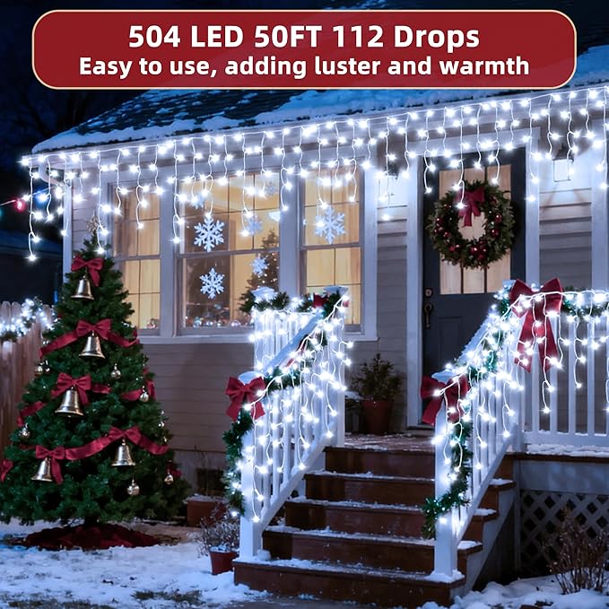 504 LED Christmas Lights Outdoor 50FT with 112 Drops, Christmas Decorations Hanging Lights 12 Modes, Dimmable Outsite Fairy String Lights for Wedding Party Holiday Winter Wonderland Decor Cool White