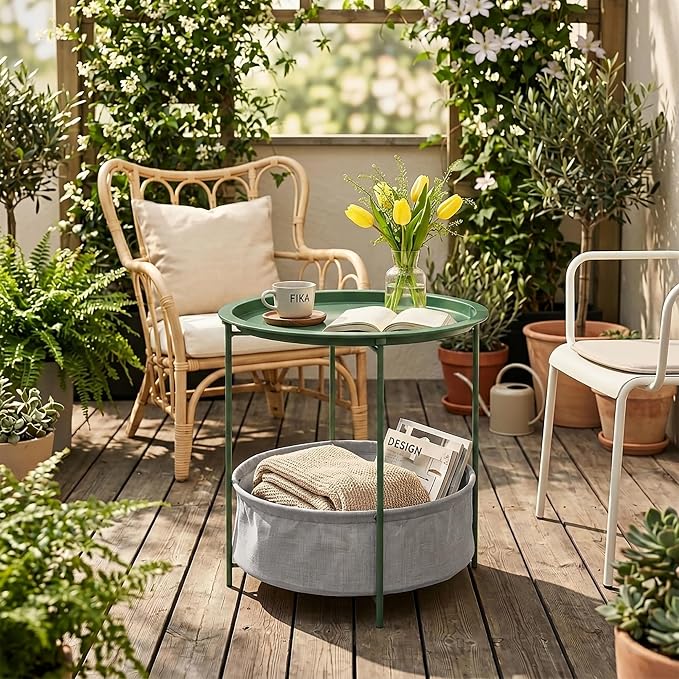 VECELO Round Side/End Table with Fabric Storage Basket，Metal Anti-Rust and Waterproof Small Bedside Nightstand with Removable Tray Top for Living Room，Balcony & Laundry，Dark Green /2pcs with Basket