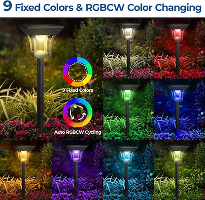 CINOTON 6 Pack RGBCW Solar Pathway Outdoor Lights, 3 Lighting Modes Solar LED Garden Light, IP65 Waterproof Outside Solar Powered Landscape Lighting for Patio Walkway Yard Driveway RGB/Warm/Cold White