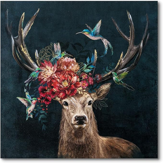 JolyWell Deer Canvas Wall Art With Flowers, Animal Prints for Living Room Bedroom Office, Wildlife Hunting Artwork Decorations, 24x24 Ready to Hang