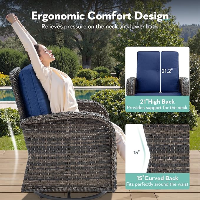 5 Piece Patio Furniture Set - Wicker Patio Conversation Set with Swivel Glider, Loveseat Bench, Tempered Glass Side Table and Coffee Table for Deck Backyard - Brown Wicker Blue Cushion