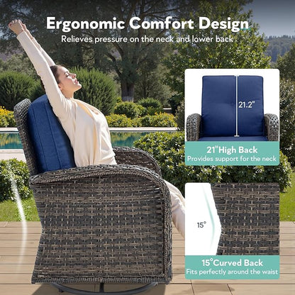 7 Piece Patio Furniture Set - Wicker Patio Conversation Set with Swivel Glider, Glider Loveseat, Tempered Glass Side Table and 2 Ottomans for Deck Backyard - Brown Wicker Blue Cushion