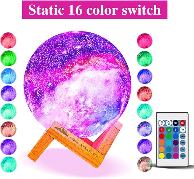 Himalayan Glow Galaxy Lamp, 5.9 inch Moon Night Lamp with 16 Colors with Classic Wood Stand & Remote/Touch Control Moon Night Light and USB Rechargeable
