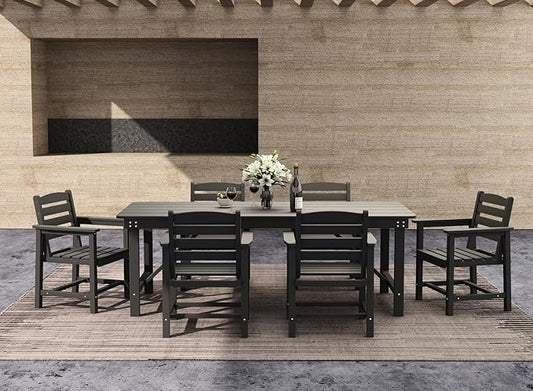 7-Piece Black HDPE Patio Table and Chairs Set, Weather Resistant Outdoor HDPE Dining Table Sets with Umbrella Hole for Lawn, Garden, Deck, Poolside, Balcony