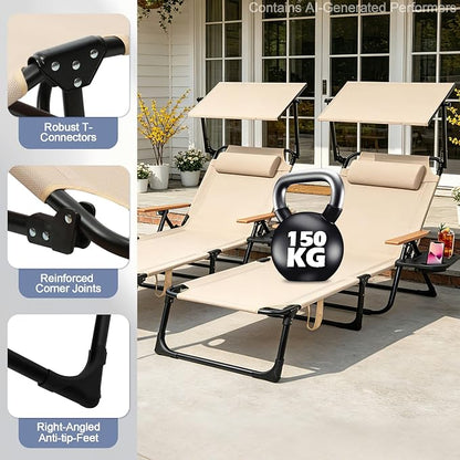 Beach Lounge Chairs with Armrests, 4-Position Folding Lounge Chairs for Outside, Sunbathing Portable Lounge Chaise, Tanning Chair Pillow & Cup Holder, for Outside Beach Pool (Beige.)