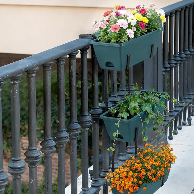 OYEAL Window Boxes Planters with Adjustable Brackets Set of 2 Fence Planters, Over the Deck Railing Planter Box with 6 Pack Hanging Plastic Flower Pots, Drainage Holes for Indoor Outdoor, Green