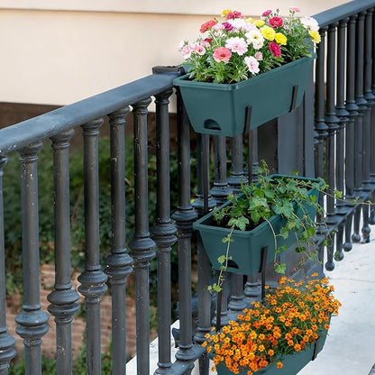 OYEAL Window Boxes Planters with Adjustable Brackets Set of 2 Fence Planters, Over the Deck Railing Planter Box with 6 Pack Hanging Plastic Flower Pots, Drainage Holes for Indoor Outdoor, Green