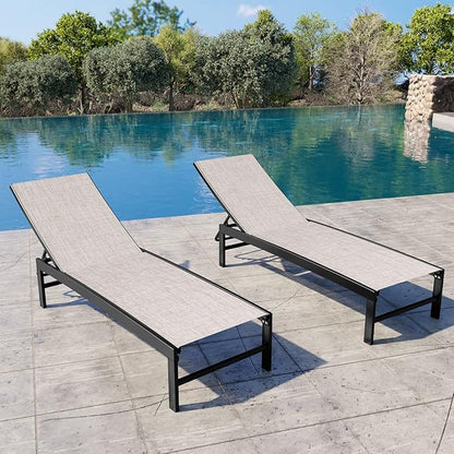 Crestlive Products Chaise Lounge Chair Outdoor Set of 2, Adjustable 5 Positions Pool Lounge Chairs, Metal Tanning Recliner, Outdoor Furniture All Weather for Patio, Beach, Yard, Pool