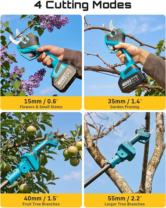 SEESII 2-in-1 Pole Pruning Shears: 2.2" Cutting Diameter Cordless Electric Pole Pruners, 2*4000mAh Batteries, Brushless Motor, Extra SK5 Blade, 4 Mode Adjustable Garden Shears for Tree Flower Trimming