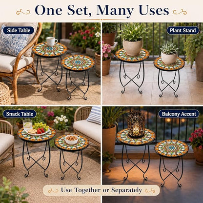 Set of 2 Mosaic Outdoor Side Tables Round, 15 Inch Height - Small Patio Table Set, Foldable Sun Pattern Metal Plant Stands for Garden, Balcony & Yard (Mosaic Sun, 2 Pack)