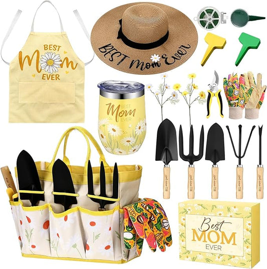 Lasnten 16 Pcs Mothers Day Garden Gift for Mom Women Dasiy Gardening Supplies Birthday Garden Tools Set from Daughters Gloves Apron Insulation Cup Fork Trowel Tote Bags for Planter Present