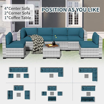7-Piece Outdoor Sectional Patio Furniture Set, All-Weather Wicker Rattan Sofa w/Thick Washable Cushions & Tempered Glass Table, Perfect for Garden, Poolside, Backyard (7, Graywhite&Peacock Blue)