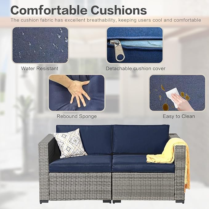 3-Piece Outdoor Patio Sectional Set, Durable Rattan Couch, Waterproof Sofa for Your Villa, Balcony, Porch, Backyard, Deck, Navy Blue