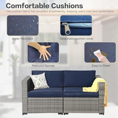3-Piece Outdoor Patio Sectional Set, Durable Rattan Couch, Waterproof Sofa for Your Villa, Balcony, Porch, Backyard, Deck, Navy Blue