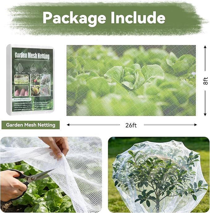 Garden Mesh Netting, 8 * 26 FT Ultra Fine Plant Netting Covers Pest Barrier Row Cover Net for Raised Beds Tree Protect Greenhouse Fruit Vegetable Flowers from Birds Bugs