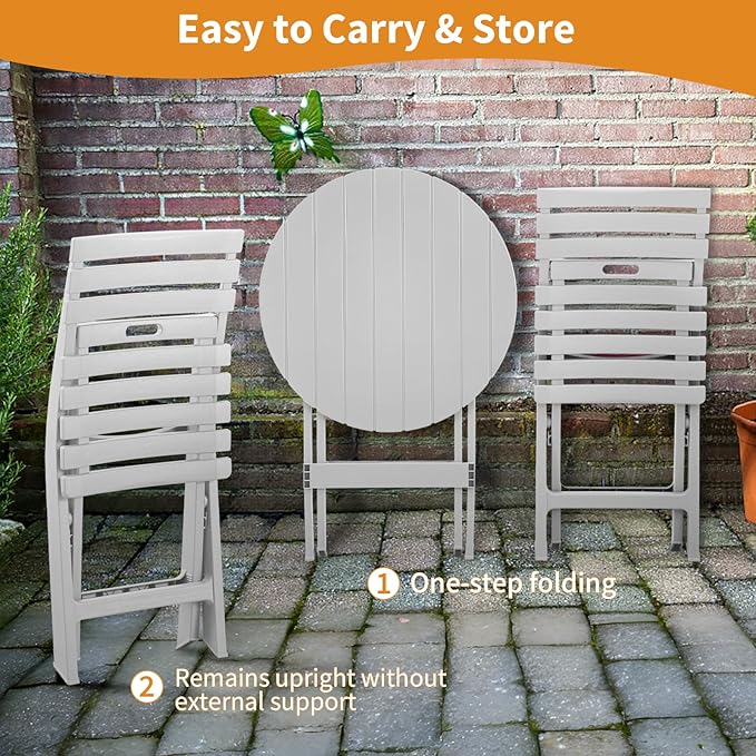 Plastic Folding Bistro Set, 3 Piece Patio Bistro Set, Portable Indoor Outdoor Table and Chairs with Backrest, Foldable Patio Furniture Set for Balcony, Porch, Backyard, Garden,Poolside (White)